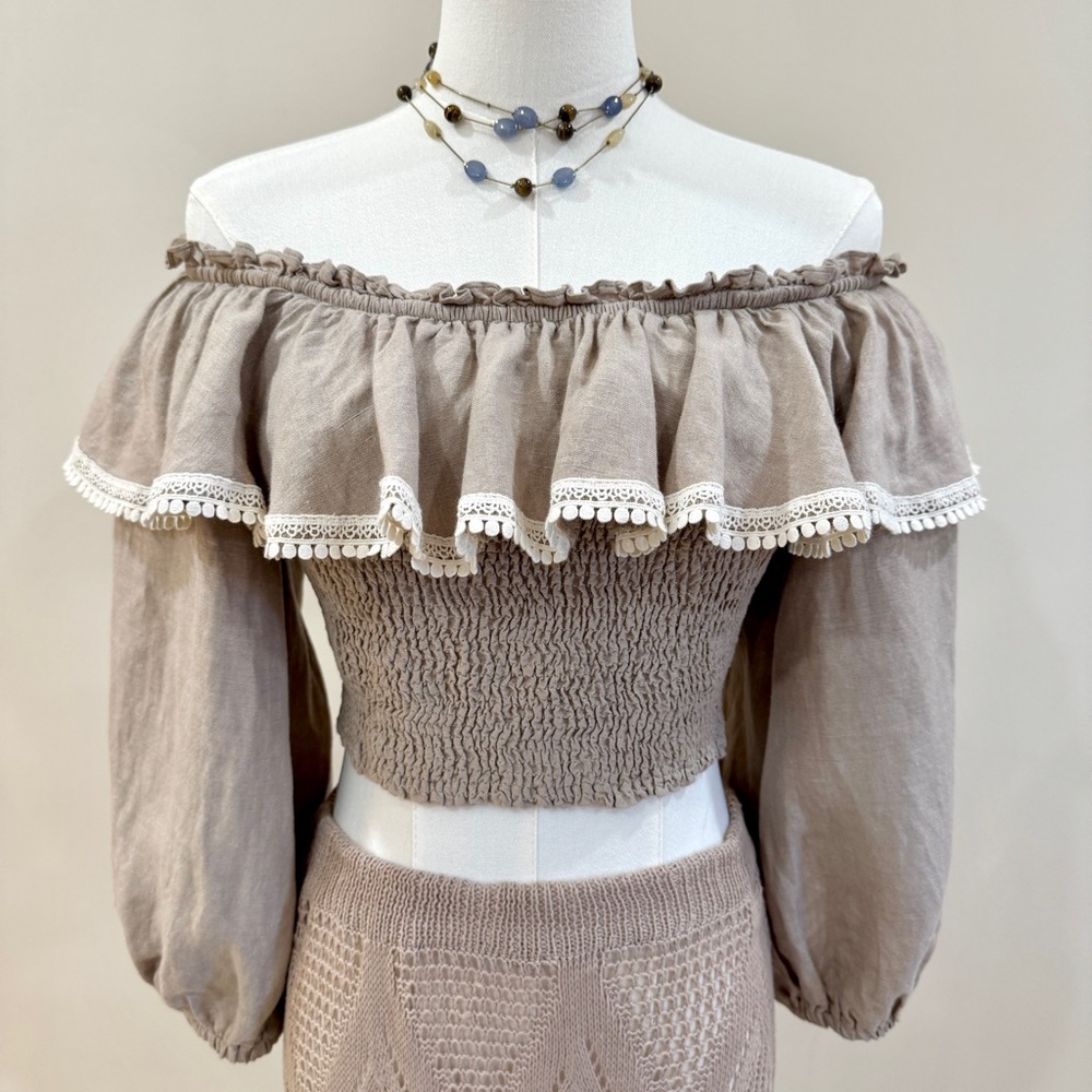 Ruffle Smocked Crop Top Cottagecore Crochet Lace Trim Boho Puff Sleeves Size S